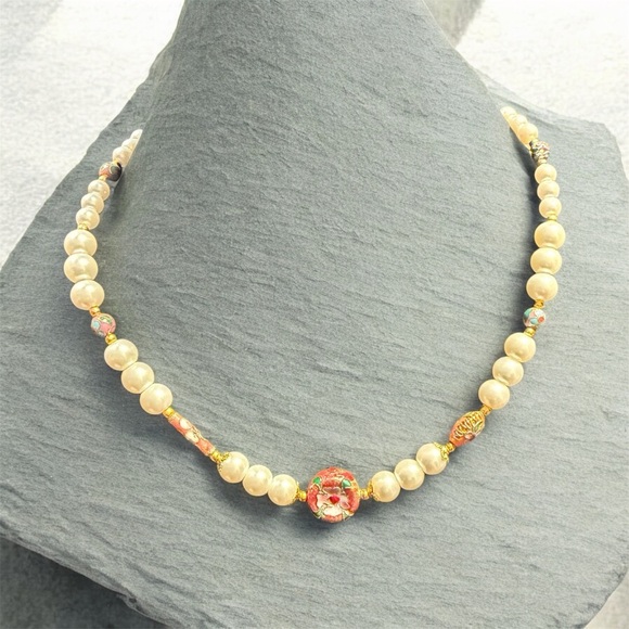 Hand Crafted Jewelry - Handcrafted Cloisonné Pearl and Gold Beaded Necklace